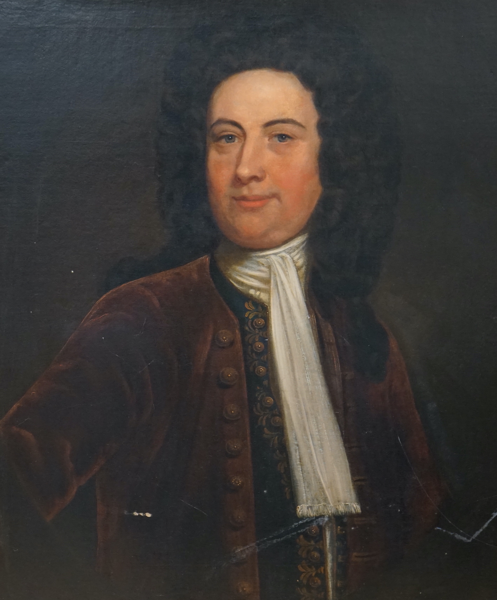 Mid 18th century, English school, oil on canvas, Portrait of a gentleman wearing a wig and frock coat, 74 x 60cm